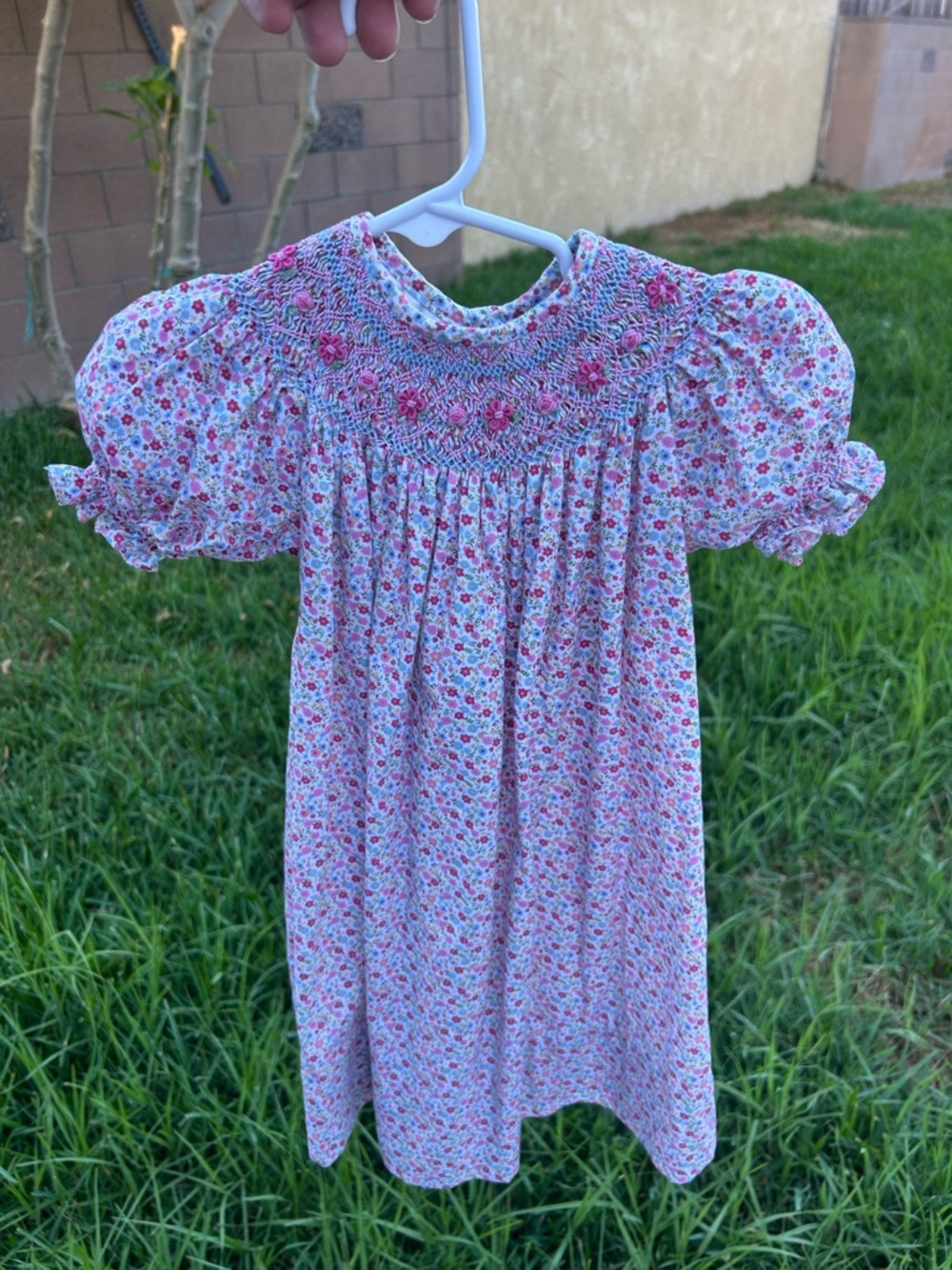 Strasburg Pink Floral Smocked Puff-Sleeve Dress Vtg